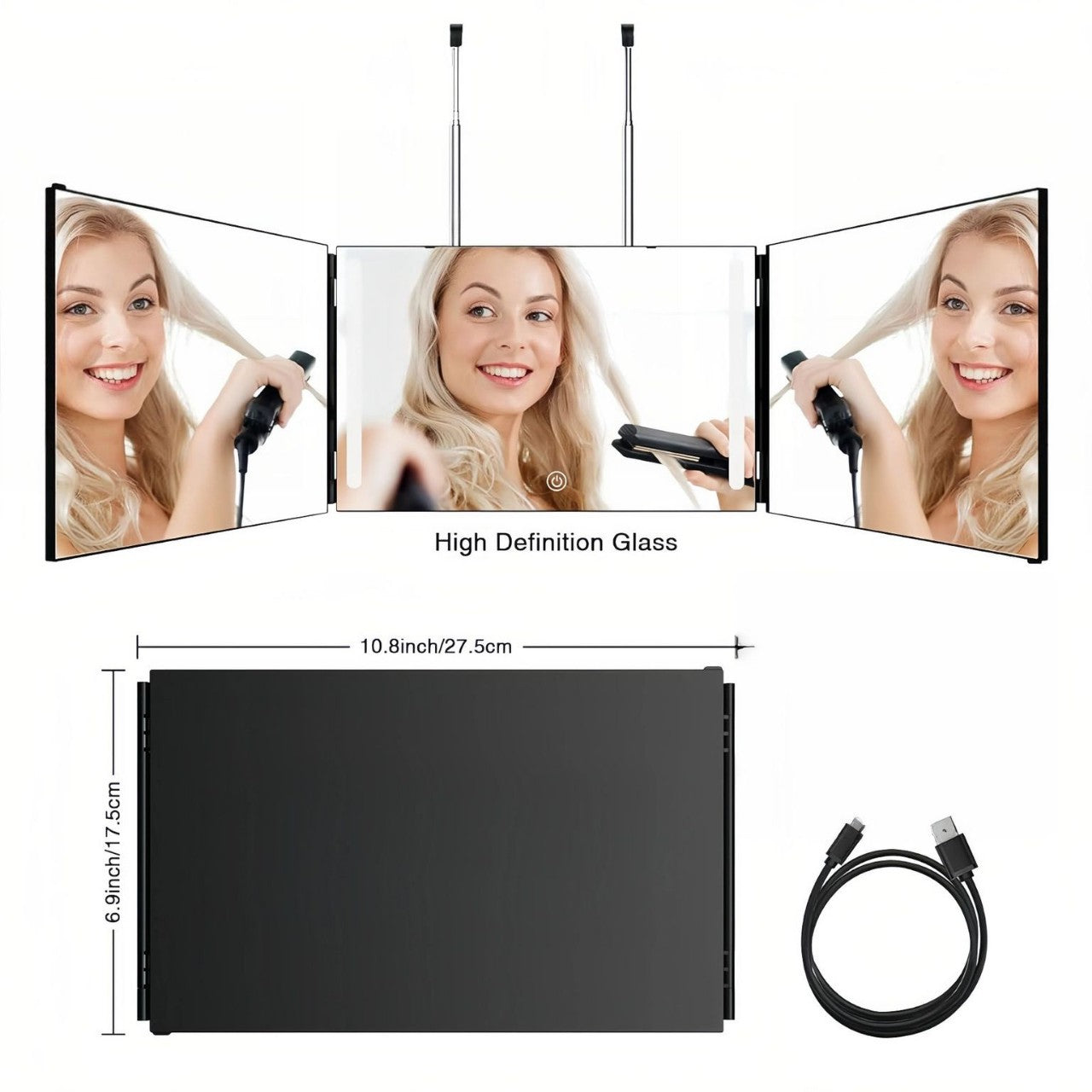 Adjustable LED Light 3-Way Trifold Mirror – Portable 360° Grooming & Styling Mirror